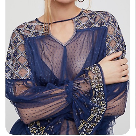 Free People Joyride Knit Sheer Lace Navy Blue Embroidered Top - Picture 3 of 14